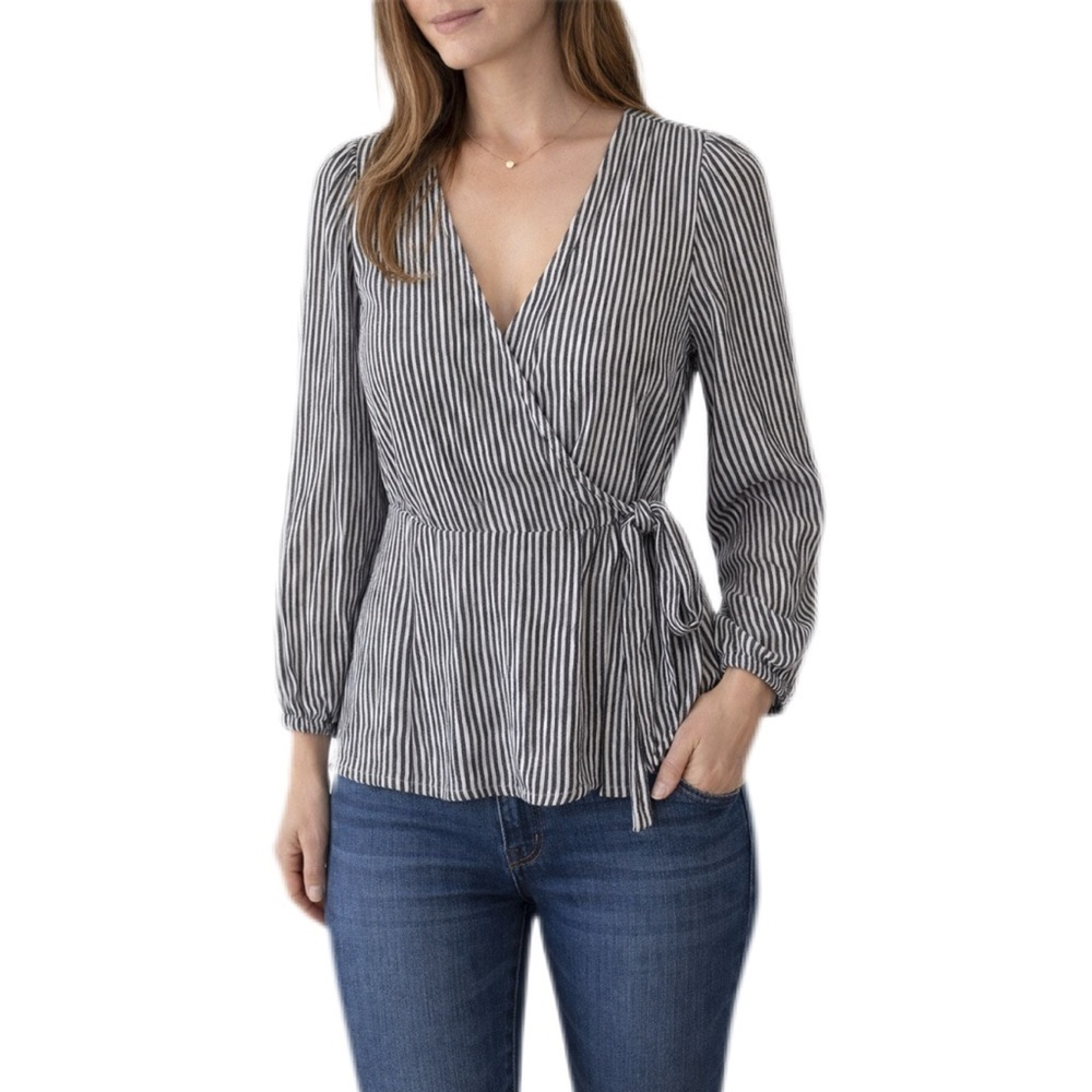Old Navy Wrap-Front V-Neck Blouse Blue and White Striped Long Sleeve Size XS